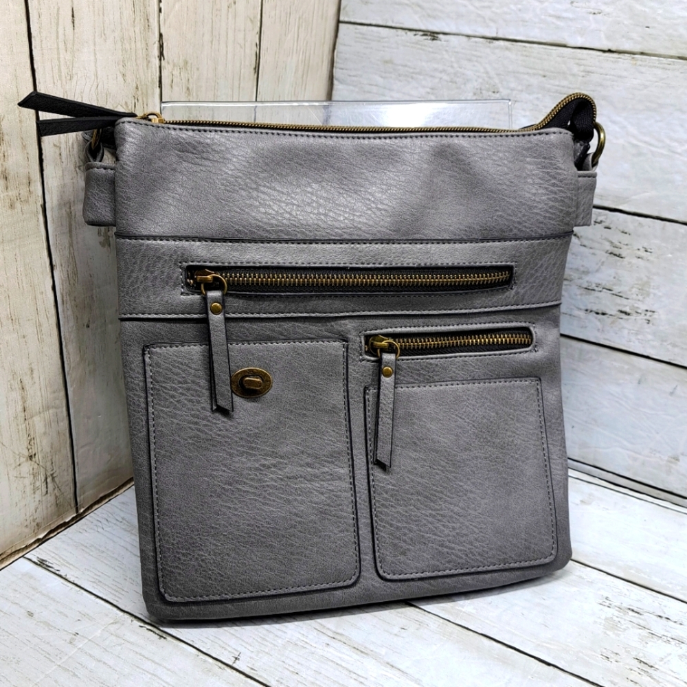 Vegan Leather Sophia Medium MultiPocket Grey Hipster Crossbody Travel Bag